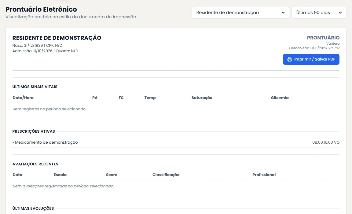Prontuário real da Vantera com informações exclusivamente fictícias de demonstração